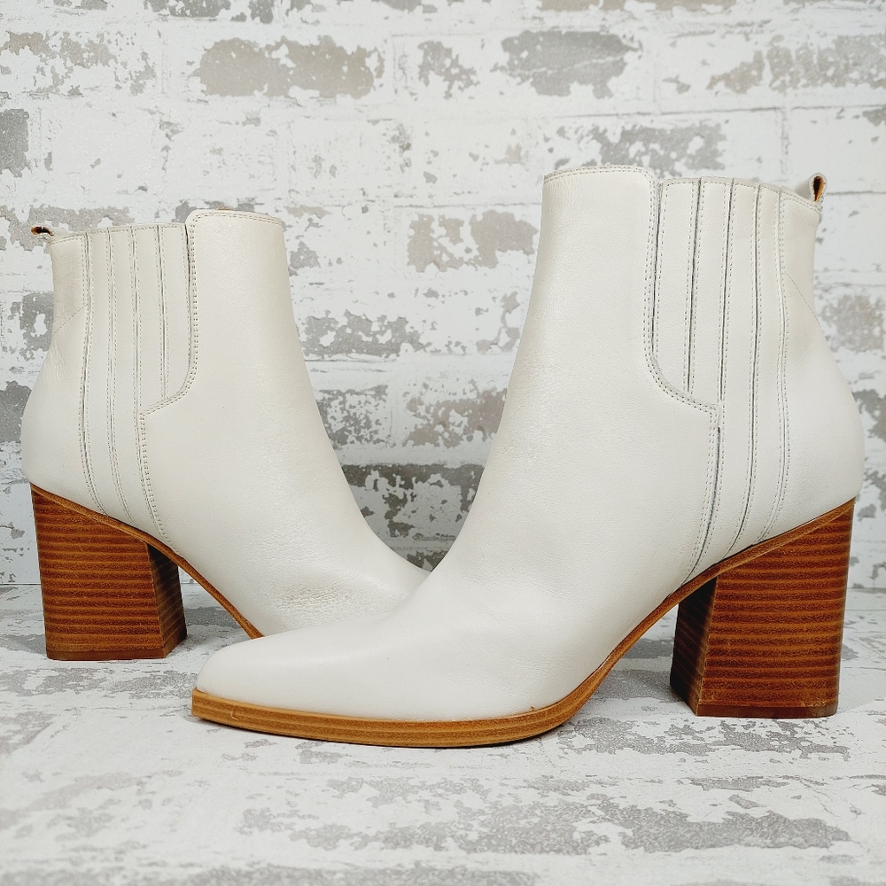 Marc Fisher White Leather Ankle Booties with Stacked Wood Heel